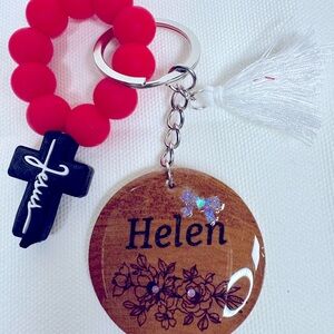 Personalized Keychain with Red Beads and Black Cross